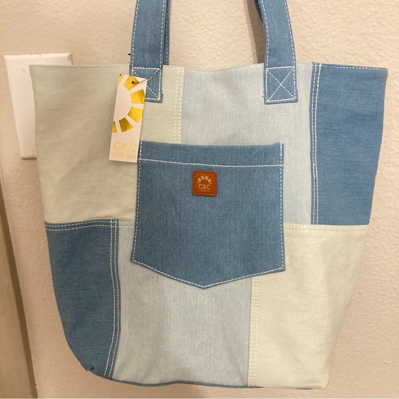 C & C California Denim Patchwork Tote with Pocket - Picture 11 of 11